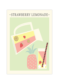 Das Poster für die Küche zeigt dir minimalistisch Darstellt eine Wasserkanne mit Erdbeerlimonade und ein Glas. 