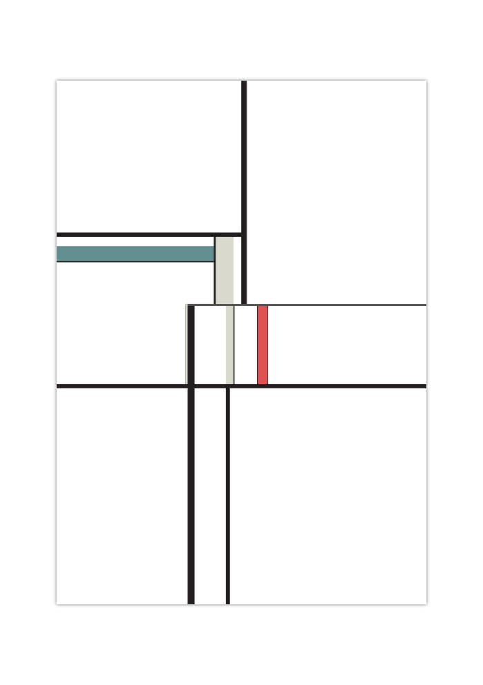Das Poster zeigt eine abstrakte, geometrische Darstellung in Weiß, Schwarz, Grau, Blau und Rot.