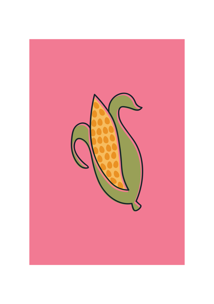 Dieses schöne Küchenposter zeigt einen gemalten Maiskolben auf einem rosa Hintergrund, im minimalistischen Comicstil. 