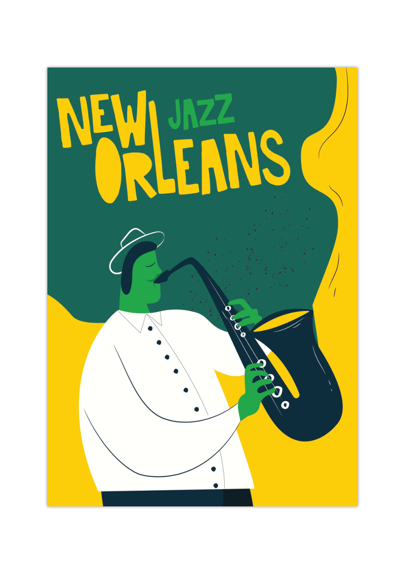 Dieses coole New Orleans Jazz Musik Poster zeigt einen Jazzmusiker in grün und gelb und modernen Stil. 