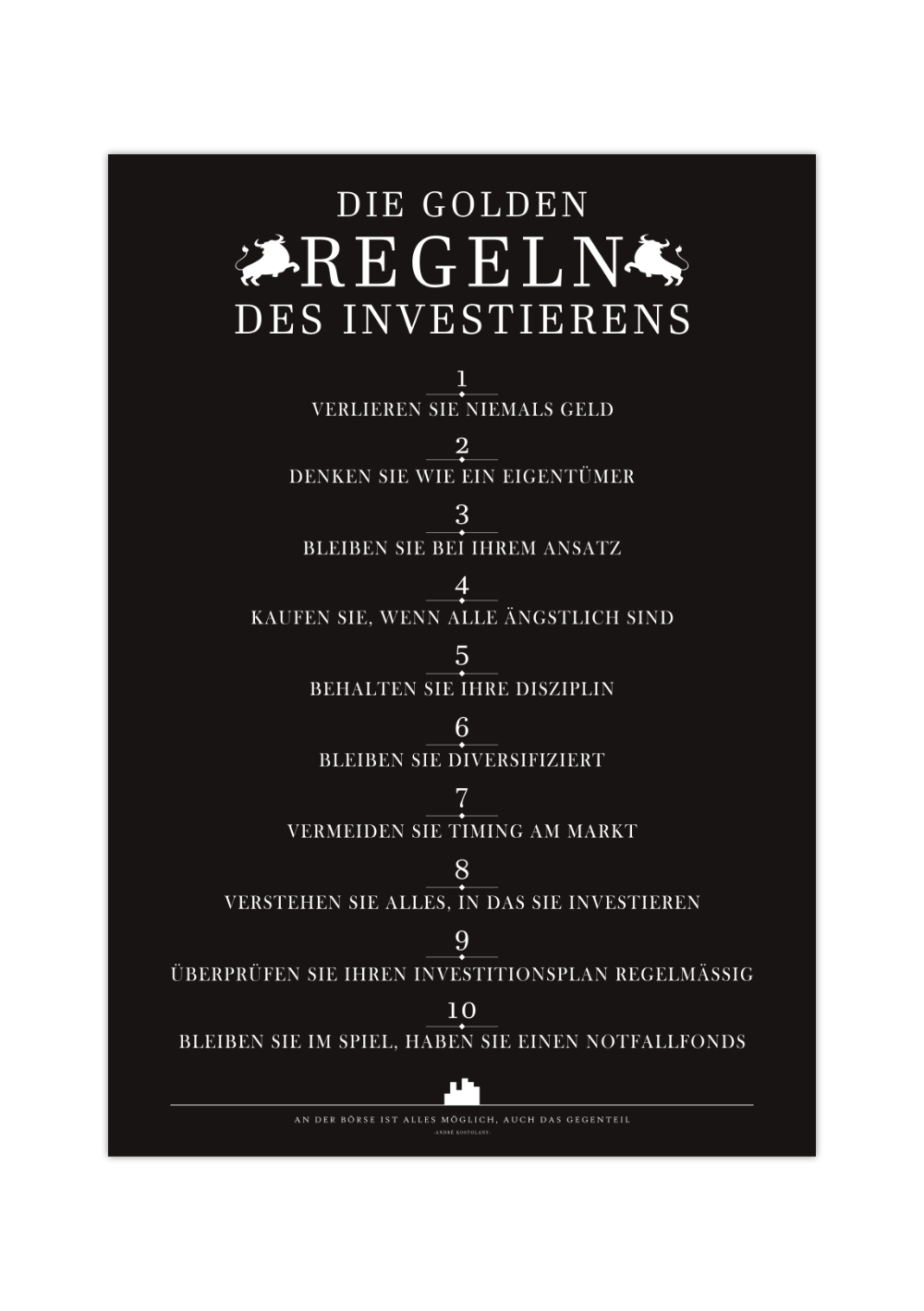 Dieses minimalistische Aktienposter zeigt dir 10 Regeln des Investierens