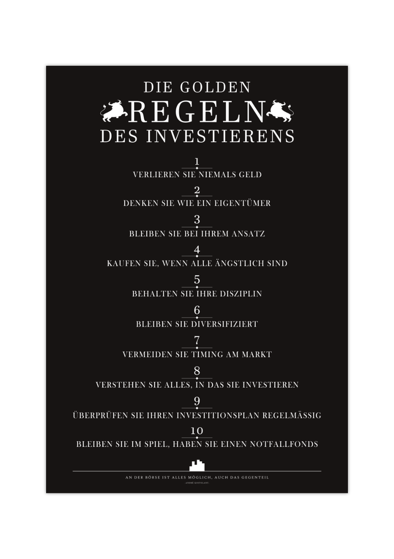 Dieses minimalistische Aktienposter zeigt dir 10 Regeln des Investierens