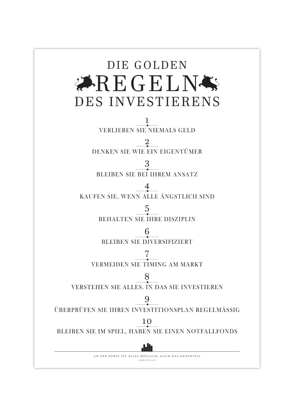 Dieses minimalistische Aktienposter zeigt dir 10 Regeln des Investierens