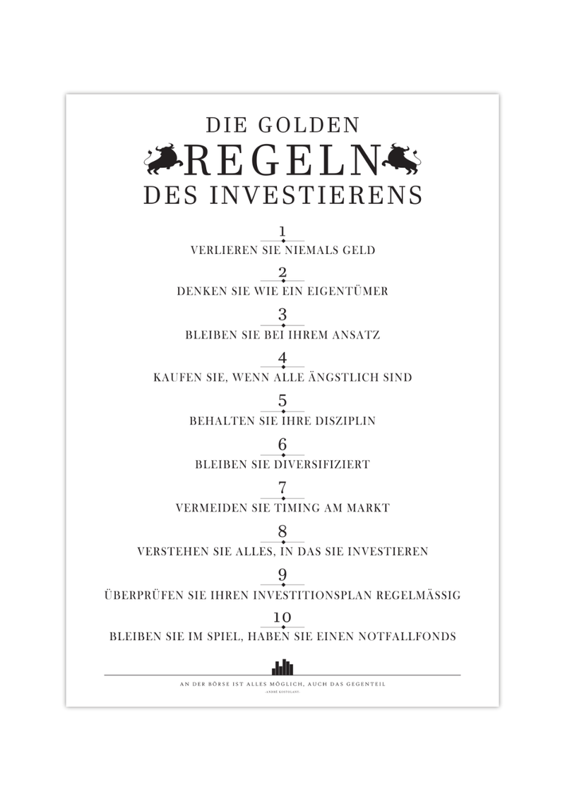 Dieses minimalistische Aktienposter zeigt dir 10 Regeln des Investierens