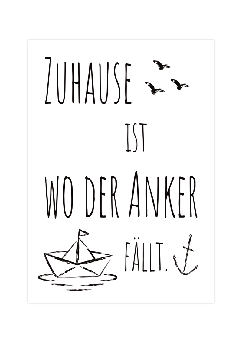 Schönes maritimes Poster mit einem Papierboot und dem Spruch Zuhause ist, wo der Anker fällt.