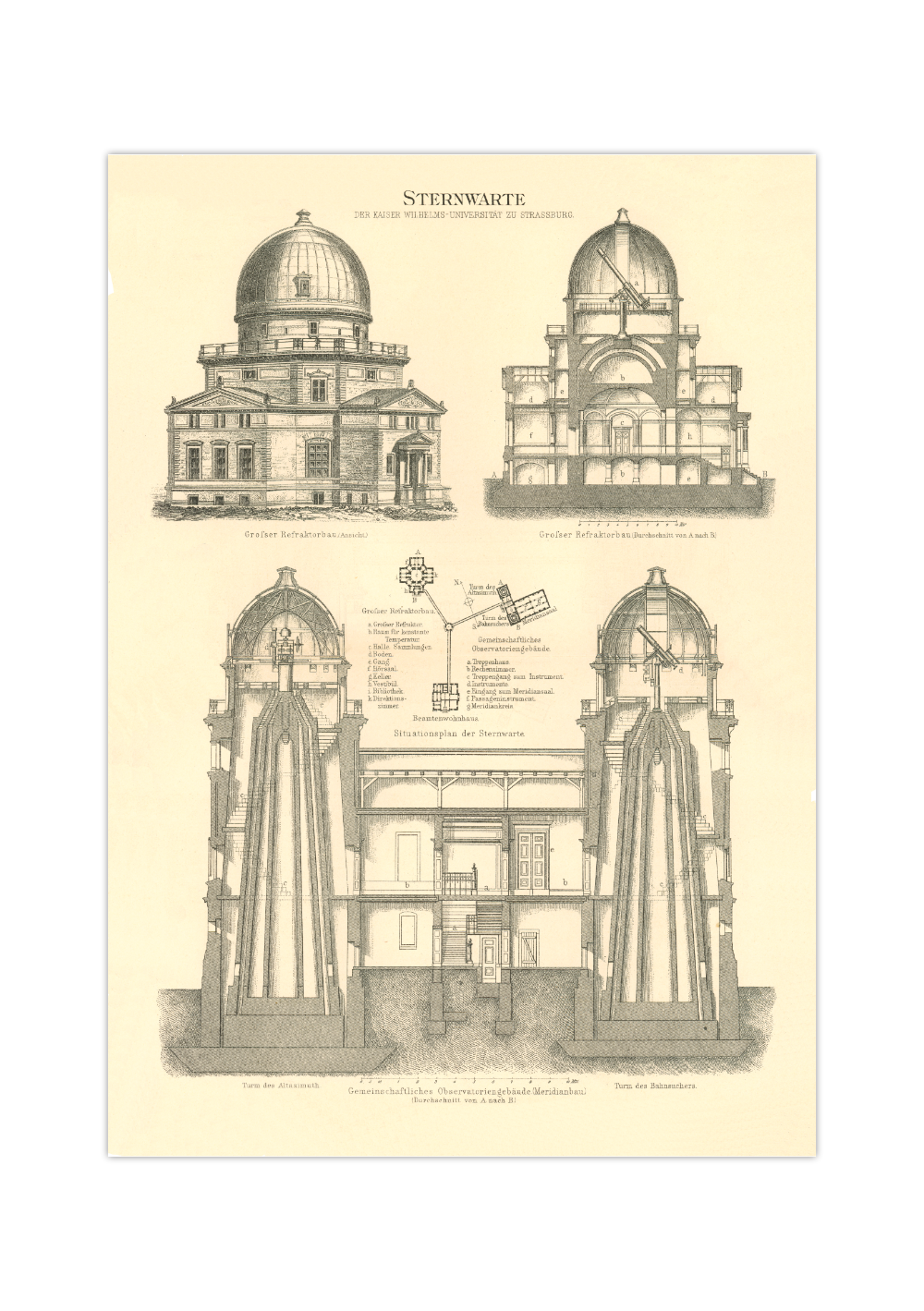 Das Poster einer Sternwarte ist eine Vintage Lithographie aus Meyers Koversations-Lexikon aus dem Jahr 1890.