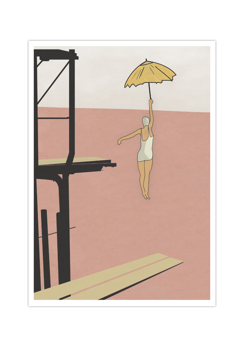 Das maritime Poster zeigt eine Turmspringerin mit einem Regenschirm, in alter Badekleidung. 