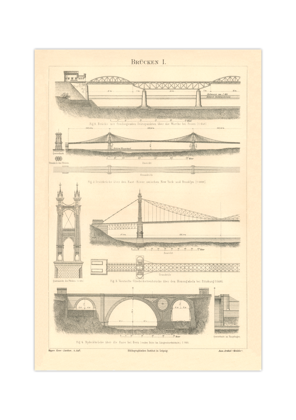 Das Poster zu verschiedenen Brücken ist eine Vintage Lithographie aus Meyers Koversations-Lexikon aus dem Jahr 1890.