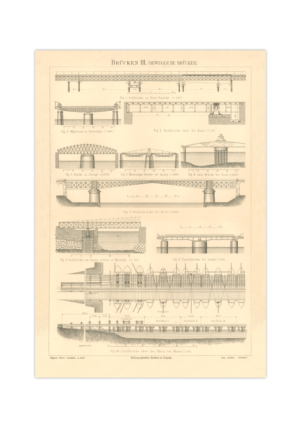 Das Poster zu verschiedenen Brücken ist eine Vintage Lithographie aus Meyers Koversations-Lexikon aus dem Jahr 1890