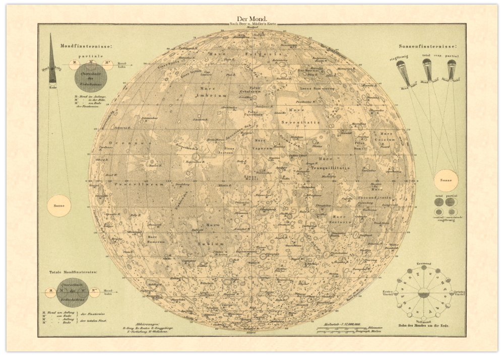 Das Poster vom Mond ist eine Vintage Lithographie aus Meyers Koversations-Lexikon aus dem Jahr 1890.