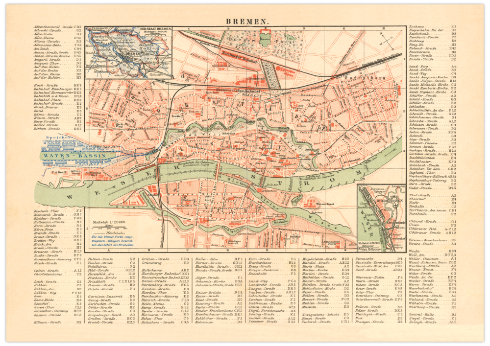 Das Poster einer Karte von Bremen ist eine Vintage Lithographie aus Meyers Koversations-Lexikon aus dem Jahr 1890. 