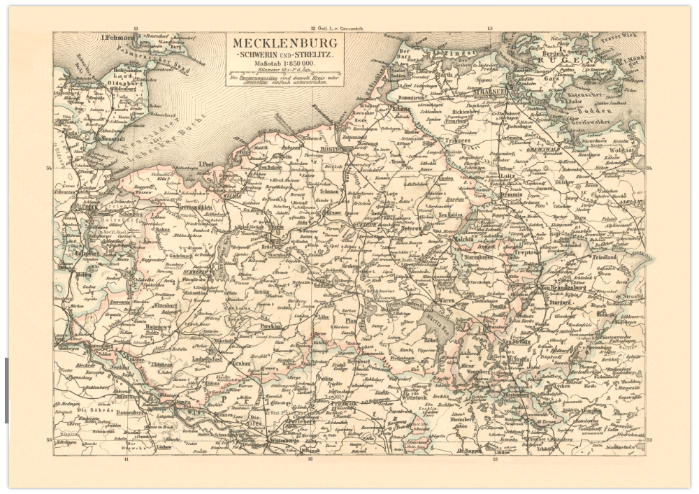 Das Poster einer Karte von Mecklenburg , Schwerin und Strelitz ist eine Vintage Lithographie aus Meyers Koversations-Lexikon aus dem Jahr 1890.