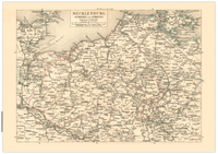 Das Poster einer Karte von Mecklenburg , Schwerin und Strelitz ist eine Vintage Lithographie aus Meyers Koversations-Lexikon aus dem Jahr 1890.