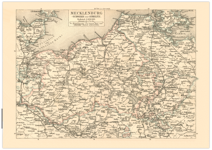 Das Poster einer Karte von Mecklenburg , Schwerin und Strelitz ist eine Vintage Lithographie aus Meyers Koversations-Lexikon aus dem Jahr 1890.