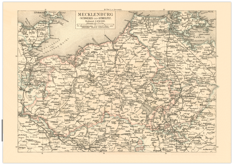 Das Poster einer Karte von Mecklenburg , Schwerin und Strelitz ist eine Vintage Lithographie aus Meyers Koversations-Lexikon aus dem Jahr 1890.