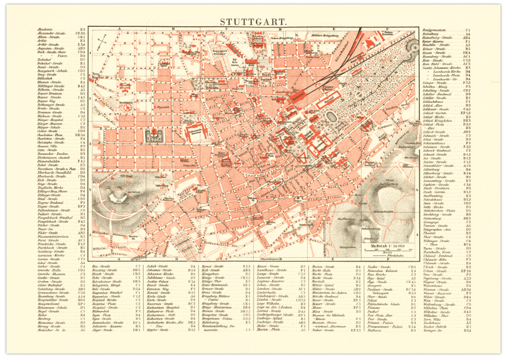 Das Poster einer Karte von Stuttgart ist eine Vintage Lithographie aus Meyers Koversations-Lexikon aus dem Jahr 1890. 