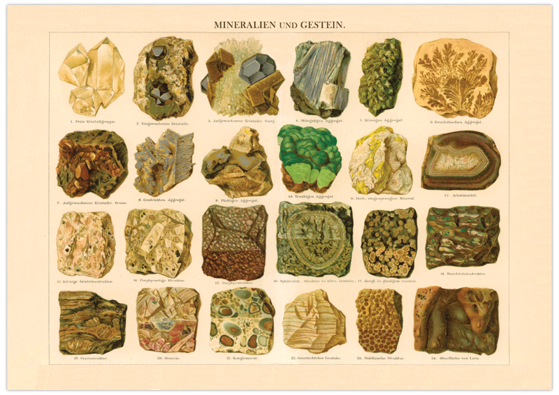 Das Poster von Mineralien und Gestein ist eine Vintage Lithographie aus Meyers Koversations-Lexikon aus dem Jahr 1890 im viktorianischen Stil. 