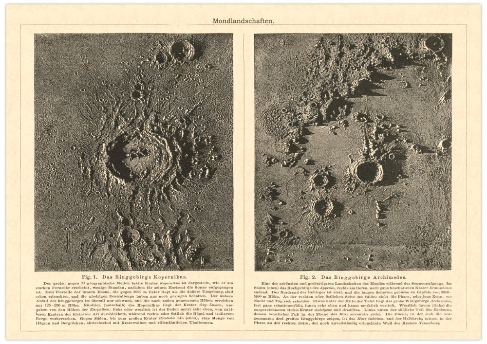Das Poster von Mondlandschaften ist eine Vintage Lithographie aus Meyers Koversations-Lexikon aus dem Jahr 1890.