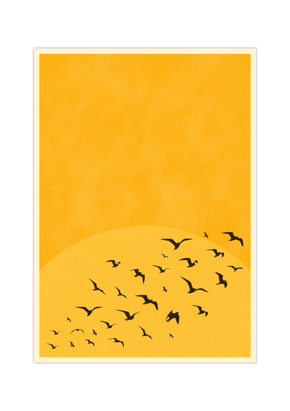 Dieses minimalistische Poster eines Sonnenuntergangs mit einem Vogelschwarm im Vordergrund ist die perfekte Wanddeko für jeden Raum.