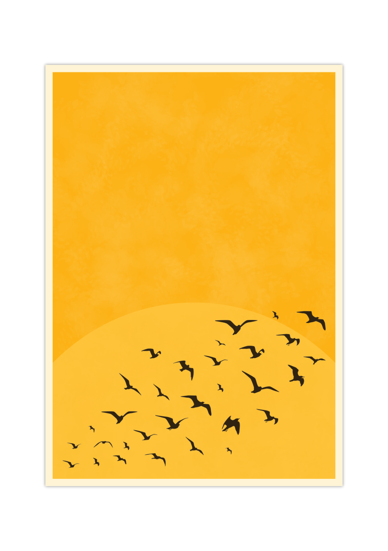 Dieses minimalistische Poster eines Sonnenuntergangs mit einem Vogelschwarm im Vordergrund ist die perfekte Wanddeko für jeden Raum.