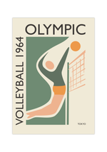 Dieses Sport Poster zeigt einen minimalistisch dargestellten Volleyballspieler und den Aufdruck "Olympic Volleyball 1964 Tokyo".