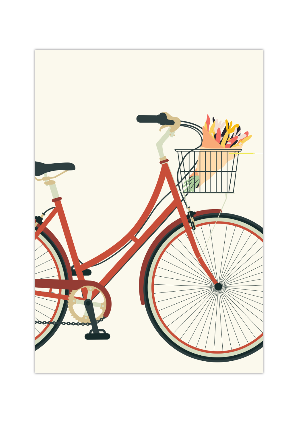 Vintage-inspiriertes Poster mit rotem Damenfahrrad auf beigem Hintergrund, wahlweise mit Blumenstrauß oder Weihnachtsbaum im Korb – minimalistisches Design als Wanddeko für Frühling oder Weihnachten.