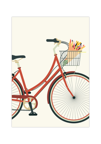 Vintage-inspiriertes Poster mit rotem Damenfahrrad auf beigem Hintergrund, wahlweise mit Blumenstrauß oder Weihnachtsbaum im Korb – minimalistisches Design als Wanddeko für Frühling oder Weihnachten.