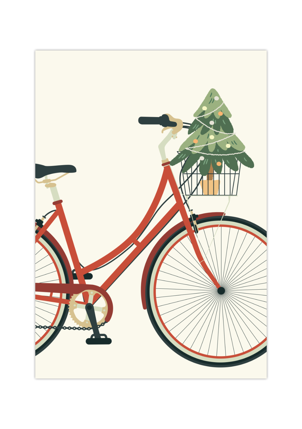 Vintage-inspiriertes Poster mit rotem Damenfahrrad auf beigem Hintergrund, wahlweise mit Blumenstrauß oder Weihnachtsbaum im Korb – minimalistisches Design als Wanddeko für Frühling oder Weihnachten.