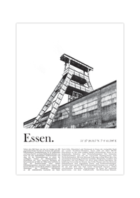Dieses Poster zeigt dir die Zeche Zollverein in der nordrhein-westfälischen Stadt Essen. Mit Bildunterschrift zu städtischen Fakten und der Geschichte von Essen sowie den Essener Koordinaten, ist dieses Schwarz/Weiß Poster das ideale Bild für alle Essenerinnen und Essener.