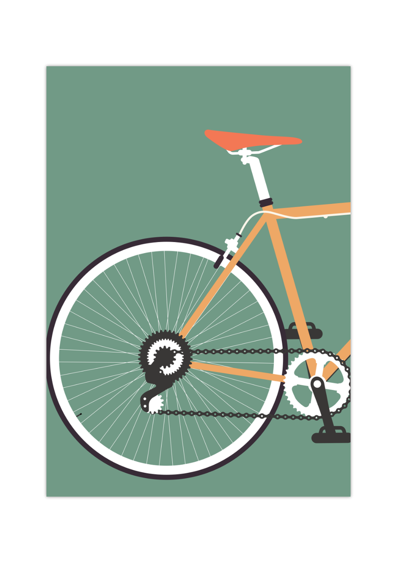Dieses Poster im minimalistischen Stil zeigt das Hinterrad eines Rennrades auf verschiedenen Hintergründen.
