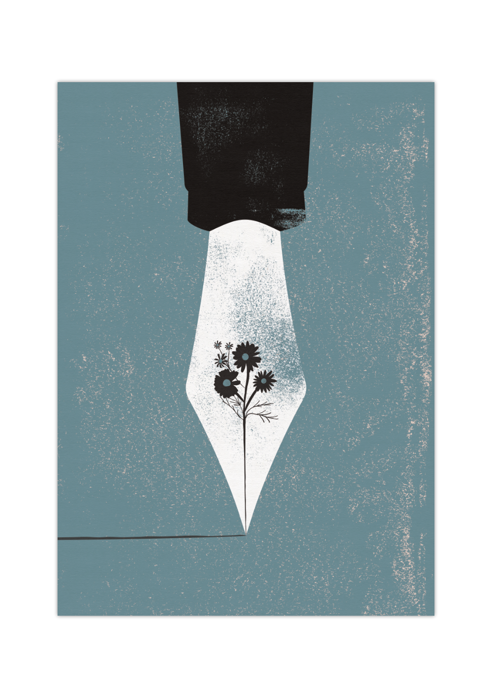 Dieses schöne Poster zeigt dir ein Federhalter mit einer Blume als Feder auf blauem Hintergrund.