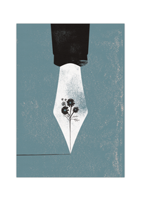 Dieses schöne Poster zeigt dir ein Federhalter mit einer Blume als Feder auf blauem Hintergrund.