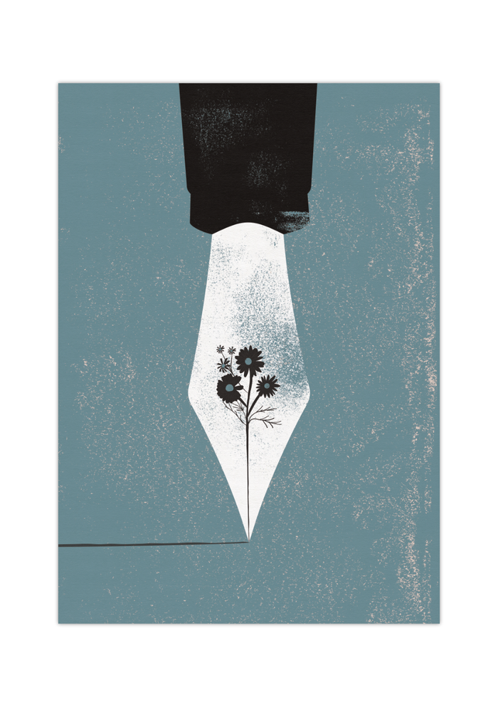 Dieses schöne Poster zeigt dir ein Federhalter mit einer Blume als Feder auf blauem Hintergrund.
