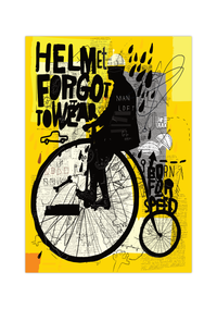 Hol dir dieses Street Art/ Urban Art Poster in Gelb. Das Bild eines Mannes, der ein altes Fahrrad/Hochrad fährt, ist perfekt als Wanddeko für deine Wohnung.