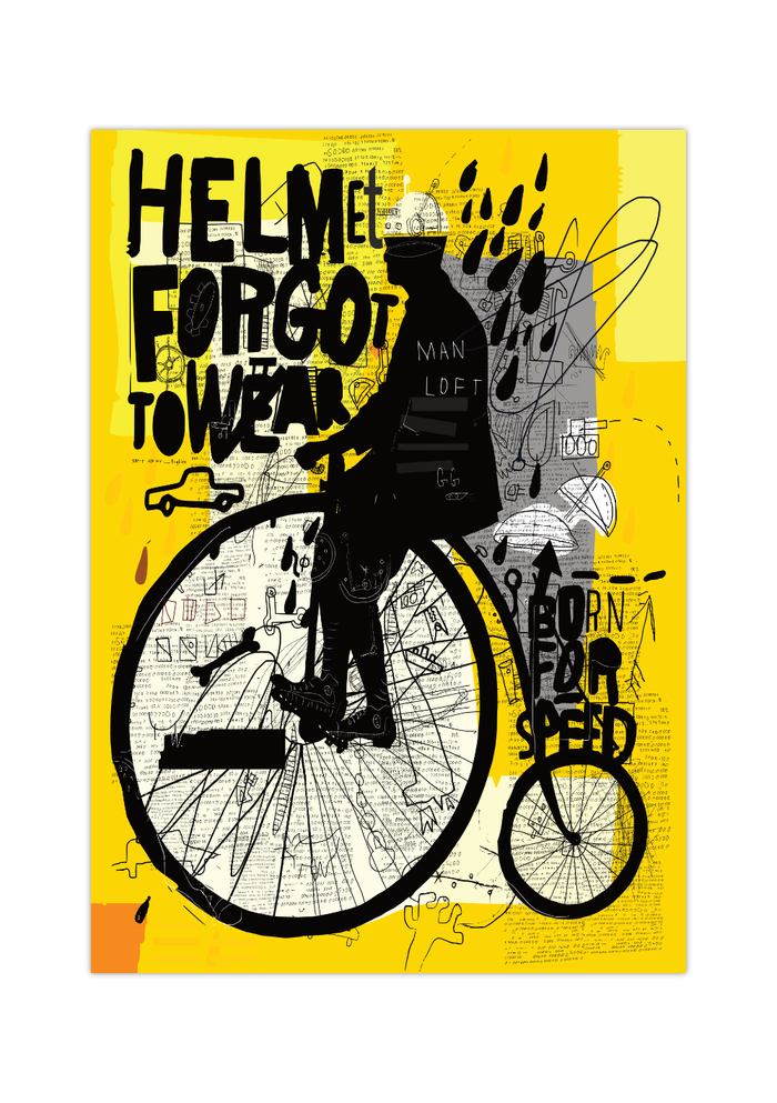 Hol dir dieses Street Art/ Urban Art Poster in Gelb. Das Bild eines Mannes, der ein altes Fahrrad/Hochrad fährt, ist perfekt als Wanddeko für deine Wohnung.