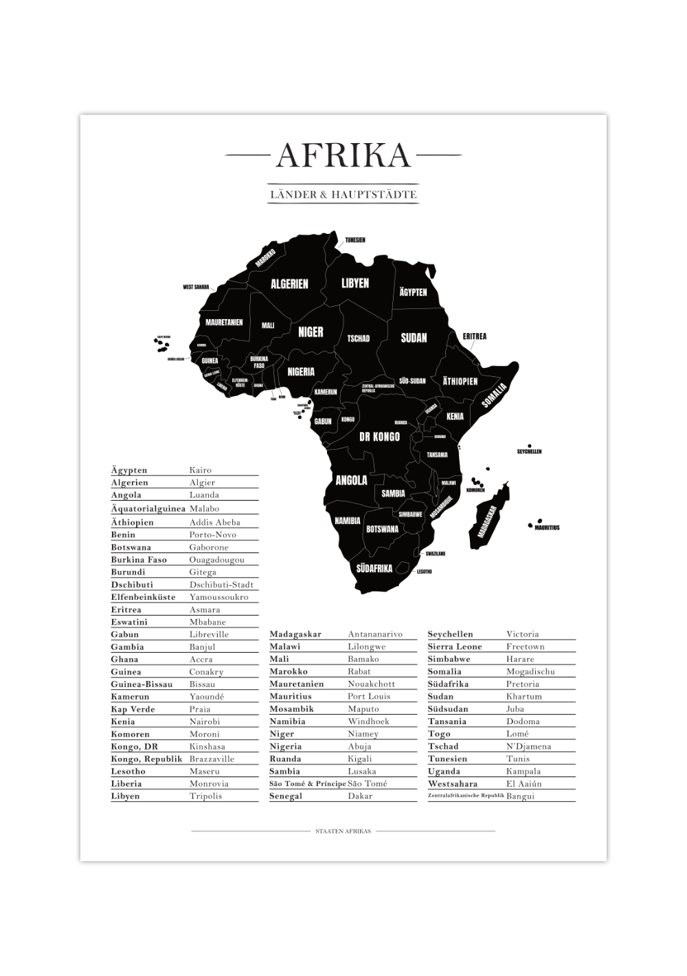 Diese minimalistische Karte von dem afrikanischen Kontinent zeigt dir alle 55 Länder in Afrika, inklusive Tabelle mit den Hauptstädten.