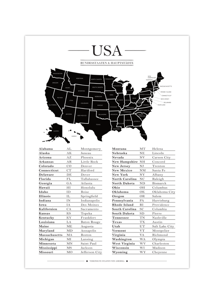 Diese minimalistische Karte der Vereinigten Staaten von Amerika zeigt dir alle 50 Bundesstaaten, inklusive Hauptstädte und Abkürzungen.
