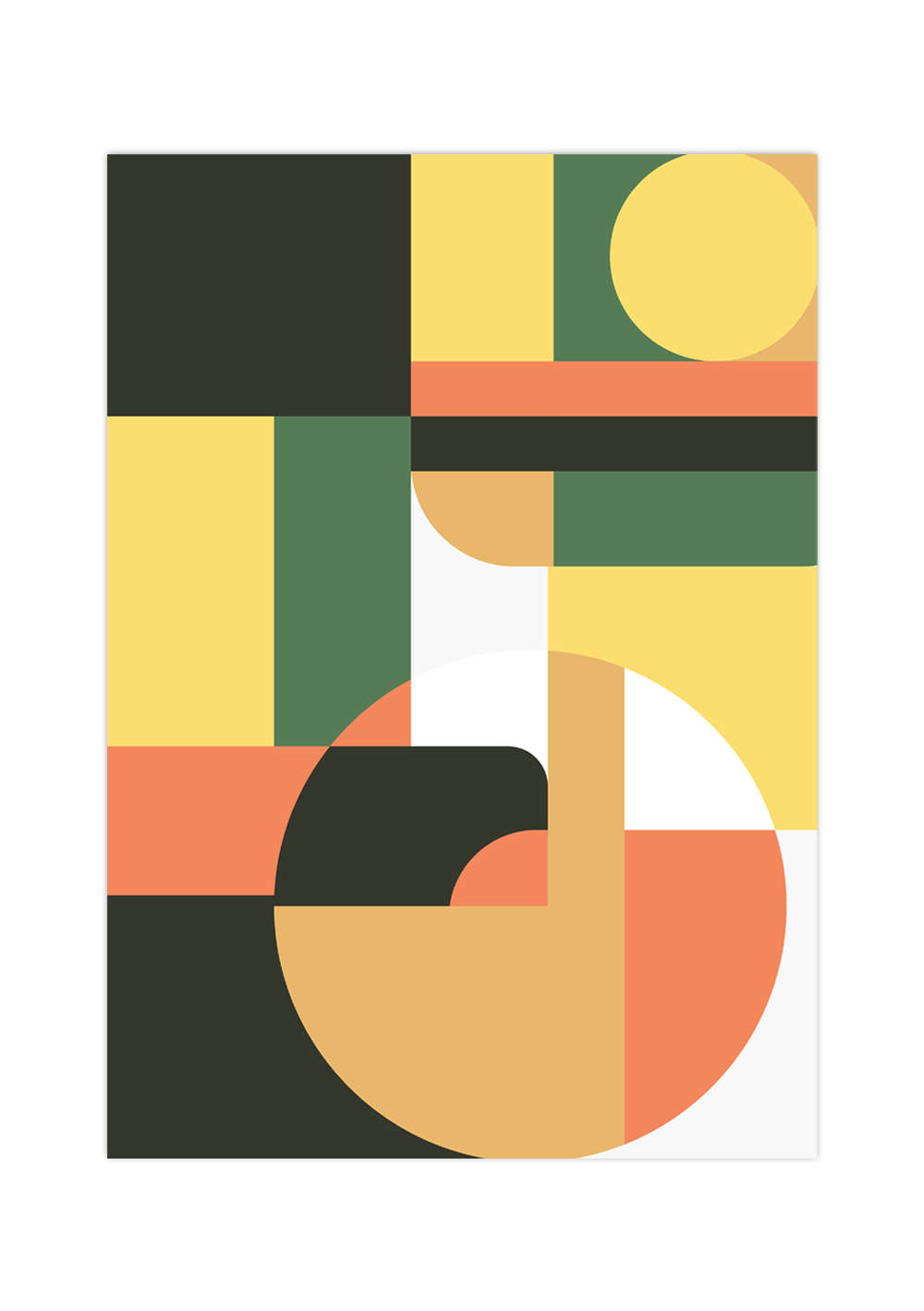 Dieses Poster zeigt dir eine moderne, geometrische Darstellung in Orange, Grün, Gelb und Beige.