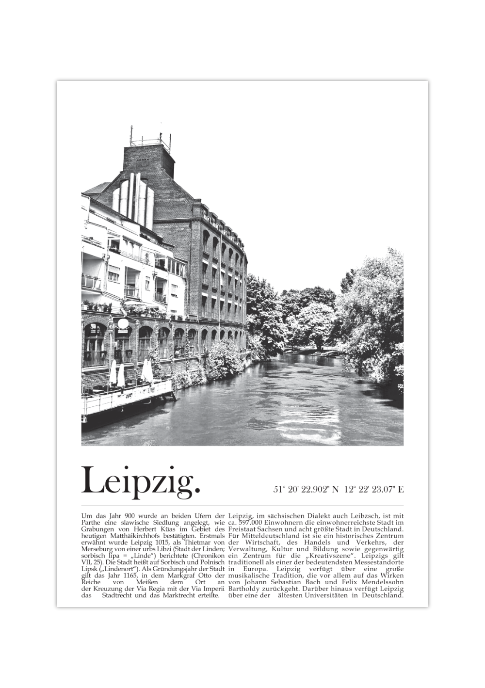 Dieses Poster zeigt dir eine Ansicht von Leipzig mit seinen Kanälen und Wasserstraßen.