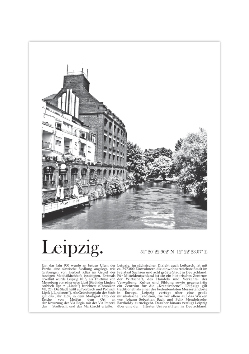 Dieses Poster zeigt dir eine Ansicht von Leipzig mit seinen Kanälen und Wasserstraßen.