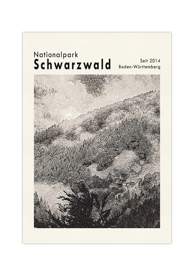 Dieses Poster zeigt eine Ansicht des Waldes im Nationalpark Schwarzwald, im Bundesland Baden-Württemberg.