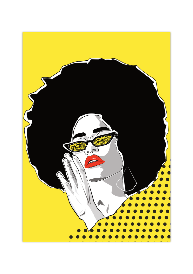 Das Pop Art Poster zeigt eine Frau mit Afro und Brille im 70er Jahre Look auf der die Brillengläser mit den Worten Girl Power beschrieben sind.&nbsp;