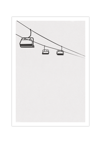 Dieses minimalistische Poster in Grau und Schwarz zeigt einen Lift, wie man ihn vom Skifahren gewohnt ist. 