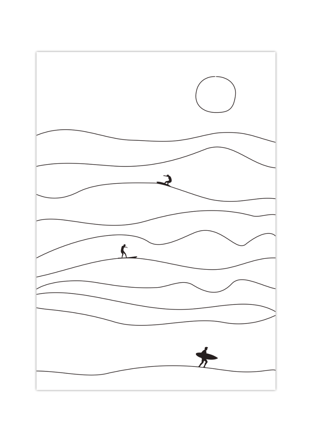 Dieses **Surf Poster** zeigt minimalistische **Wellen, Surfer & Sonne** – perfekt für Strand-Vibes zuhause! **Fineart-Druck** auf 200 g/m² Premium-Papier, erhältlich in verschiedenen Größen.