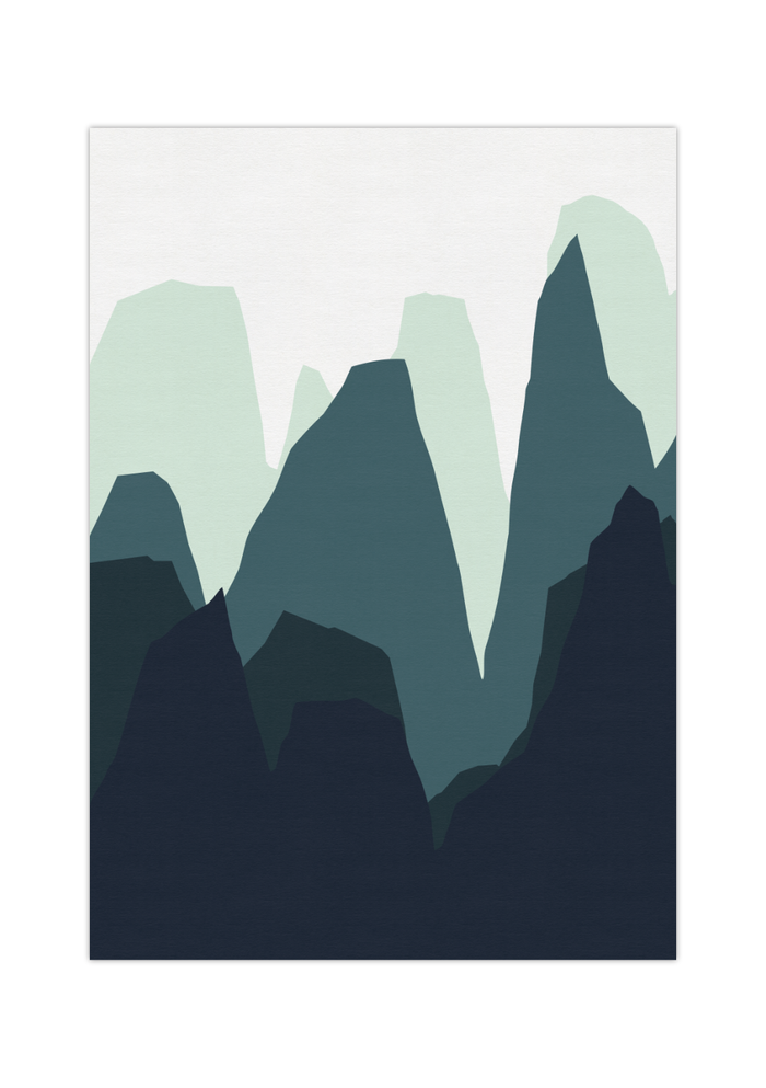 Dieses Poster zeigt ein blaues Gebirge im Mid-Century Stil. 