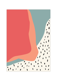 Das Poster zeigt eine abstrakte Darstellung in den Farben Rot, Orange und Blau. 