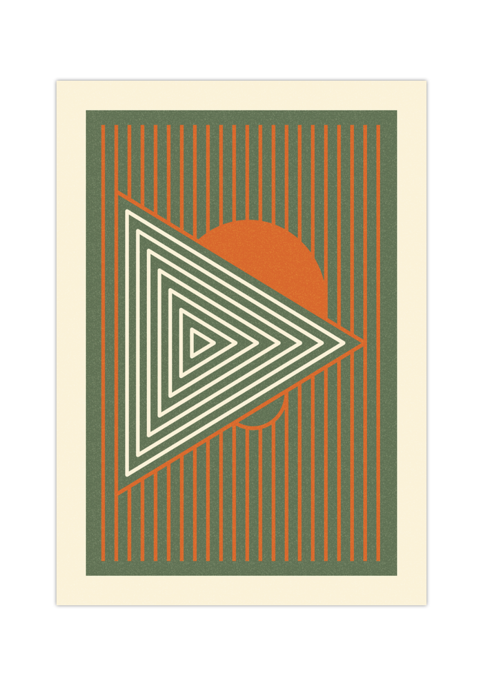 Dieses tolle Poster im Stil des Bauhauses zeigt minimalistische, geometrische Darstellungen in den Farben Beige, Grün und Orange. 