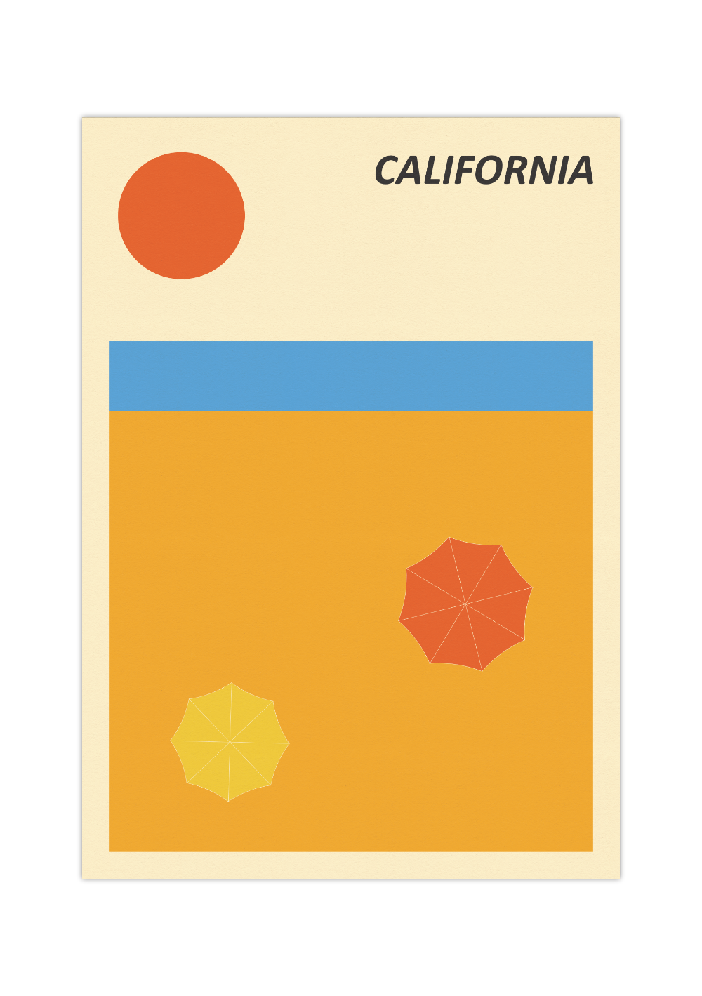 Das minimalistische Poster im retro Design zeigt dir einen Strand mit zwei Sonnenschirmen, das Wasser und die Sonne, dazu die Bildüberschrift California.