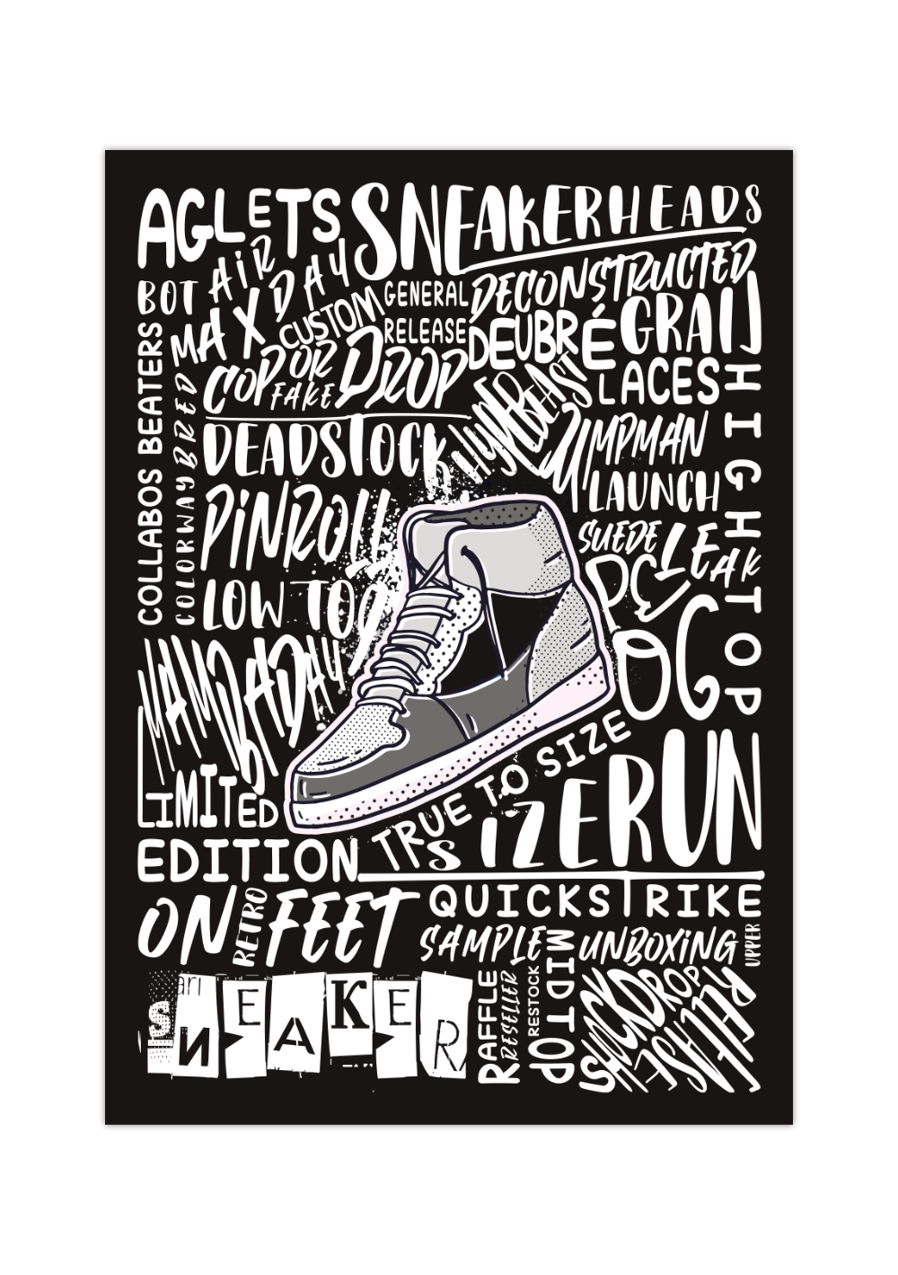 Das Poster zeigt dir einen Sneaker und um diesen ein Lexikon von Wörter, die in Verbindung mit Sneakern stehen. 