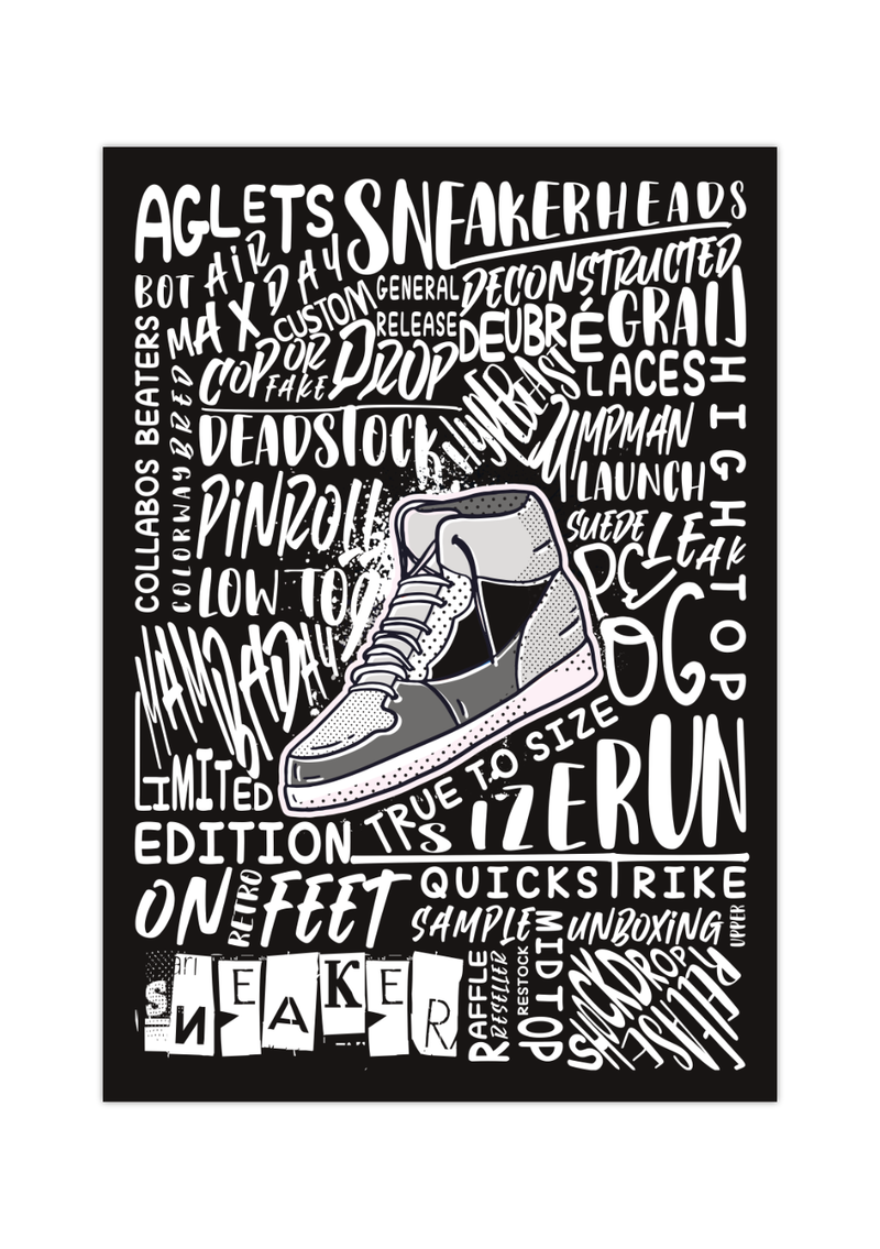 Das Poster zeigt dir einen Sneaker und um diesen ein Lexikon von Wörter, die in Verbindung mit Sneakern stehen. 